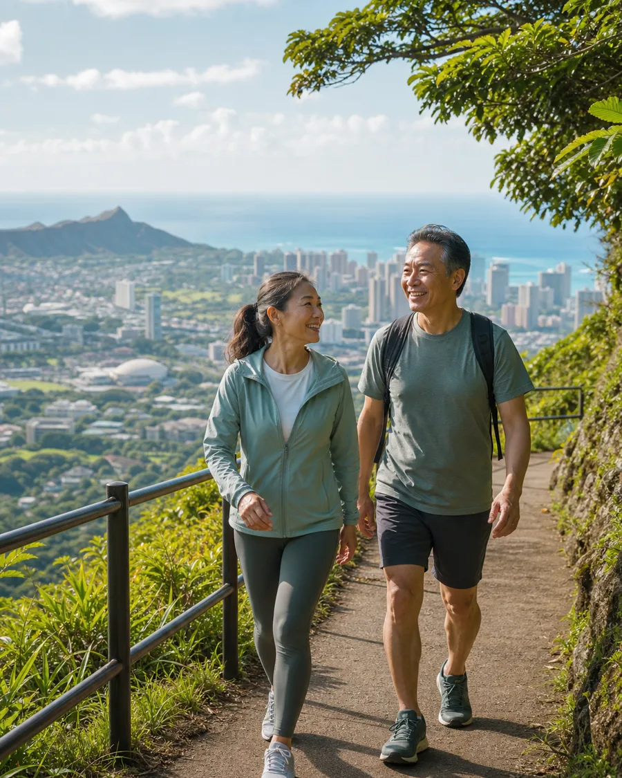 Older Asian couple enjoying an active outdoor walk