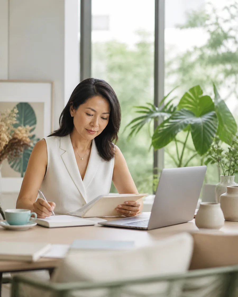 Asian professional working with calm focus
