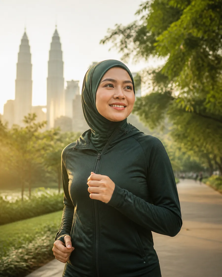Malaysian Malay woman enjoying an energetic morning walk