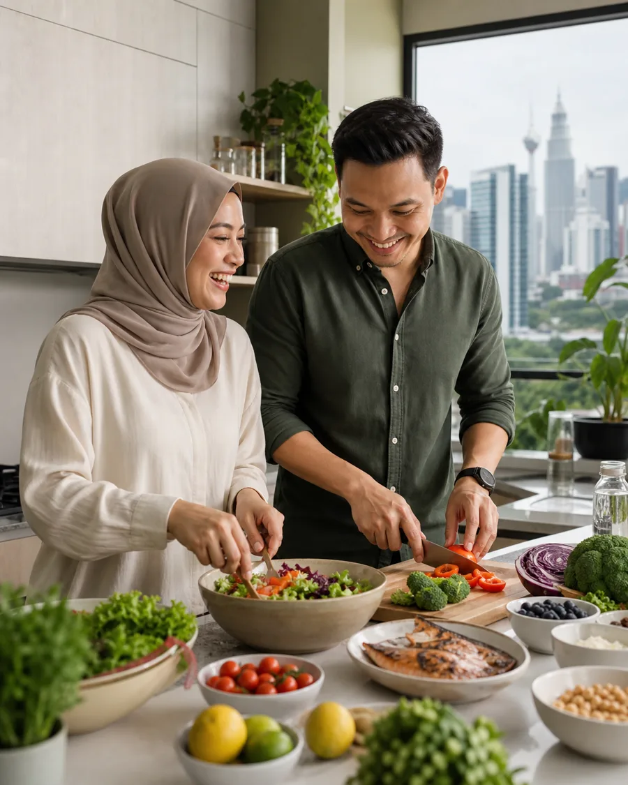 Malaysian Malay couple preparing a balanced meal together