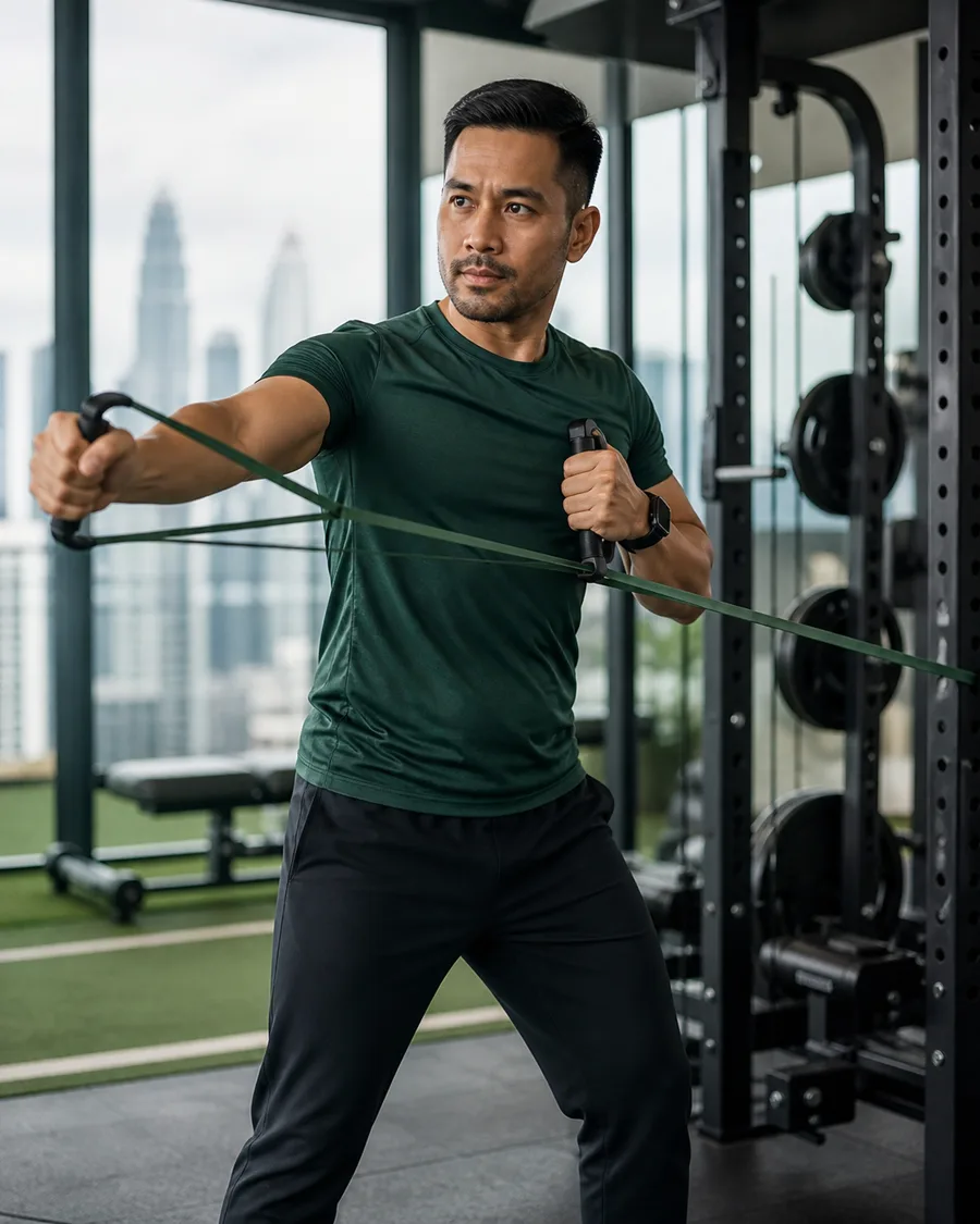 Malaysian Malay man strength training with a resistance band