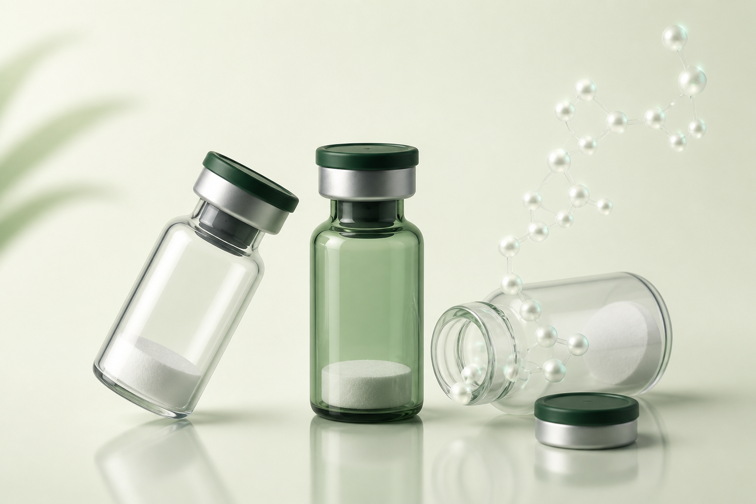 Three generic unlabelled research vials containing white lyophilized powder
